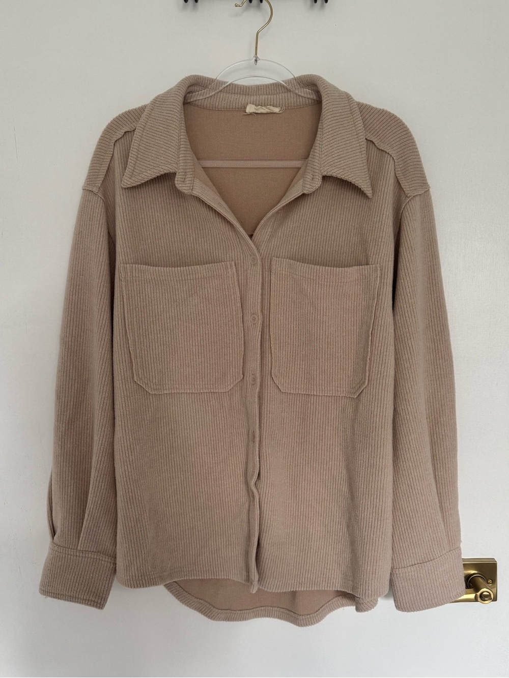 Ribbed Button-Front Shirt Jacket in Taupe